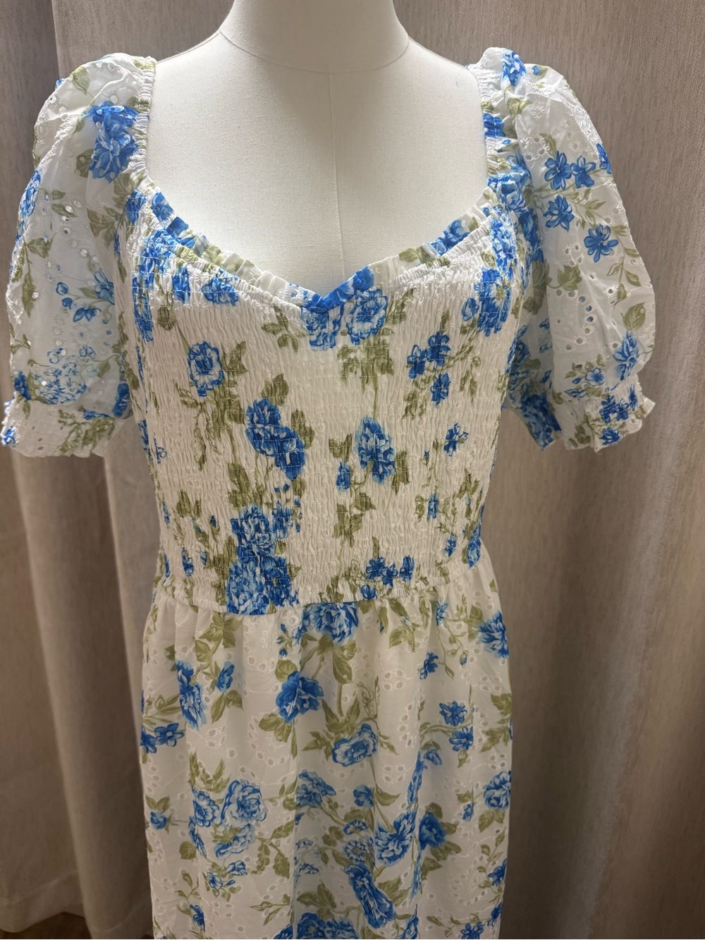 #79 Pretty Garden Blue Floral Puff-Sleeve Maxi Dress A Line Smocked Eyelet - Picture 7 of 11